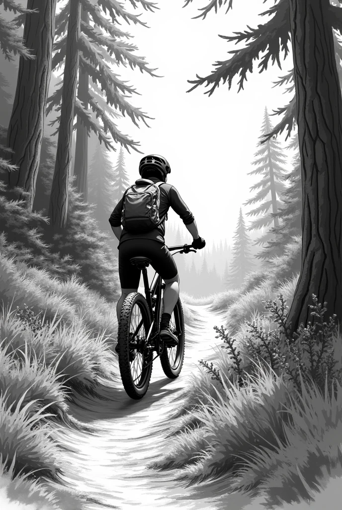Riding a MTB bike wearing a helmet and carrying a backpack in the forest in a black and white sketch image