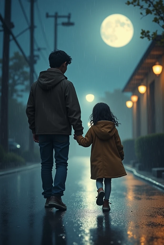 visual image or photograph.moonlit night with a
hight brother and a shot cute sister walking in the rain.highlight the depth of field and quality, conveying a sense of happiness and a good life despite the rainy weather.