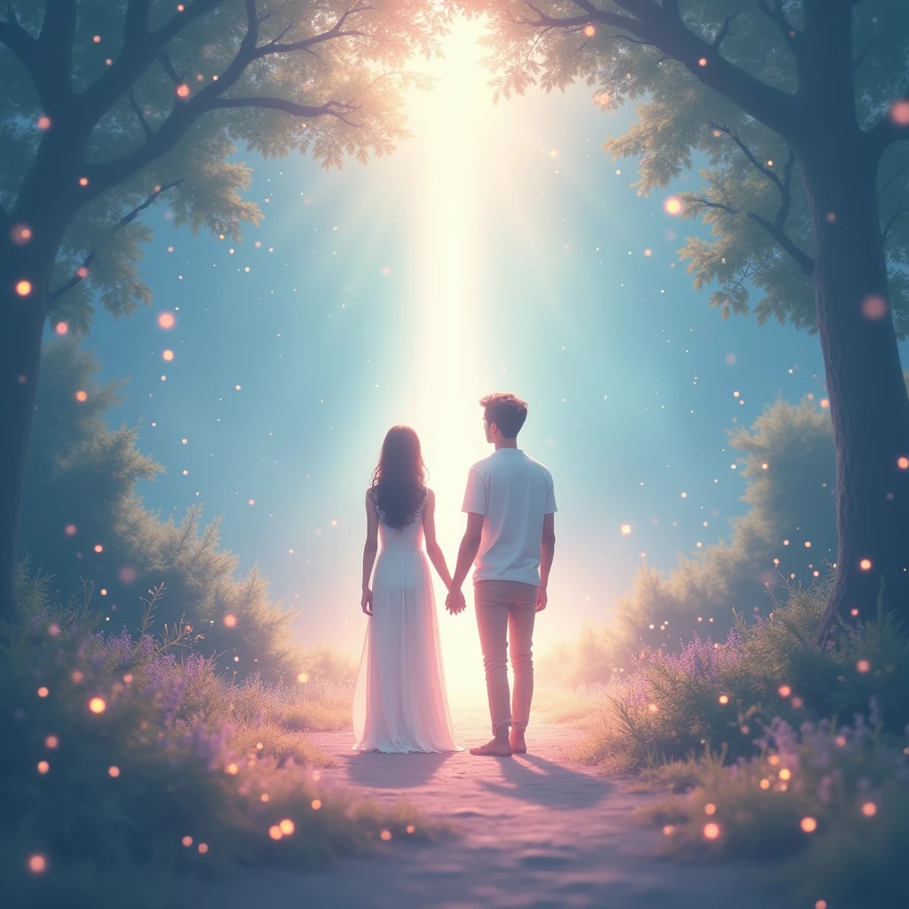branch point、Hesitation、I'll take your hand and walk、Couple、Back view、Bright light path、spiritual、firefly、Particles of light、pink、Pale blue、Fairy
