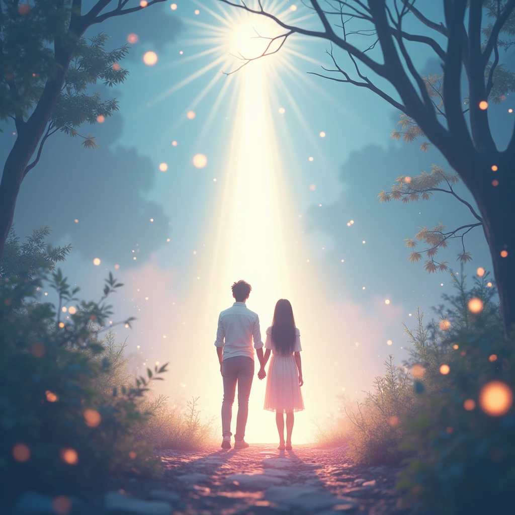 branch point、Hesitation、I&#39;ll take your hand and walk、Couple、Back view、Bright light path、spiritual、firefly、Particles of light、pink、Pale blue、Fairy