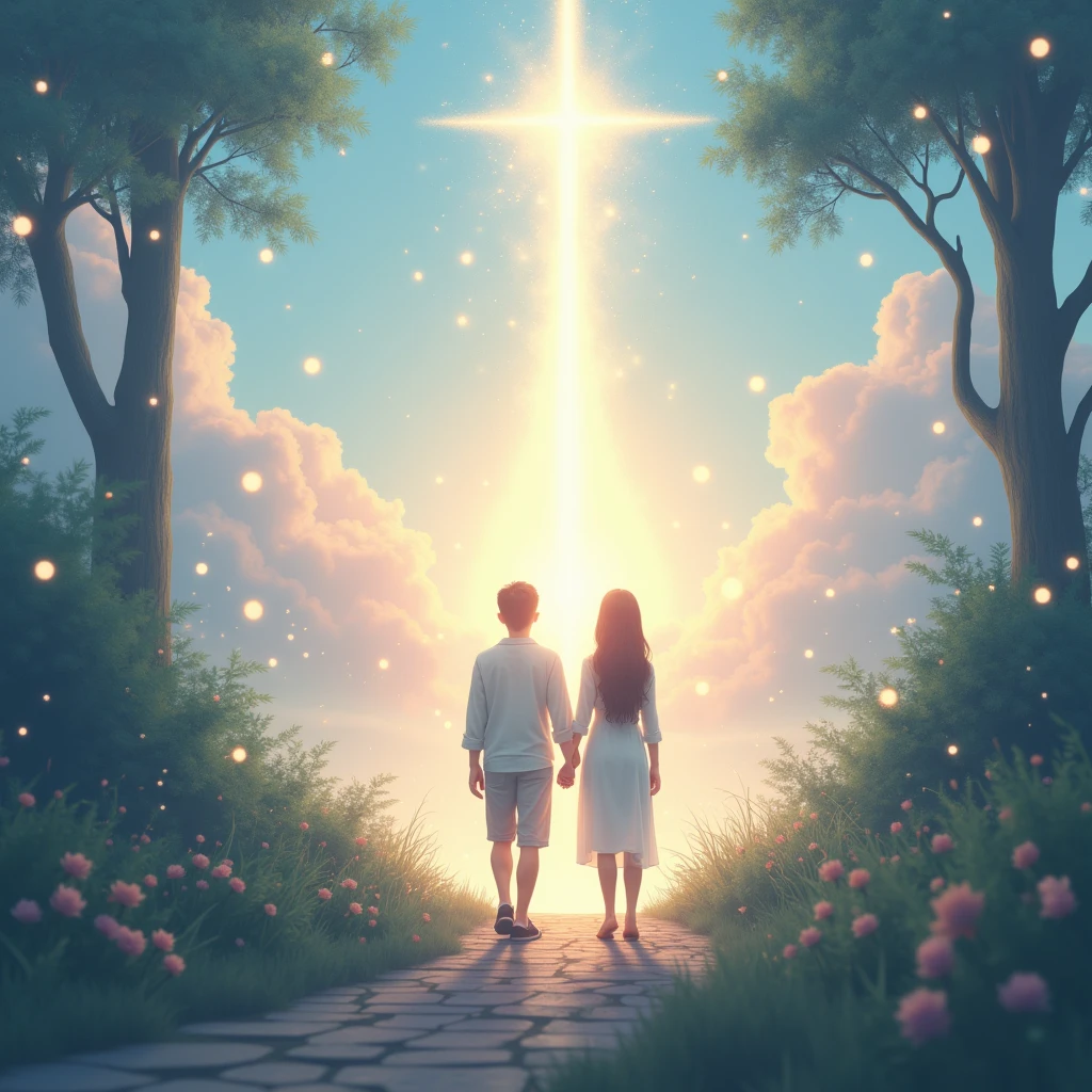 branch point、Hesitation、I'll take your hand and walk、Couple、Back view、Bright light path、spiritual、firefly、Particles of light、pink、Pale blue、Fairy