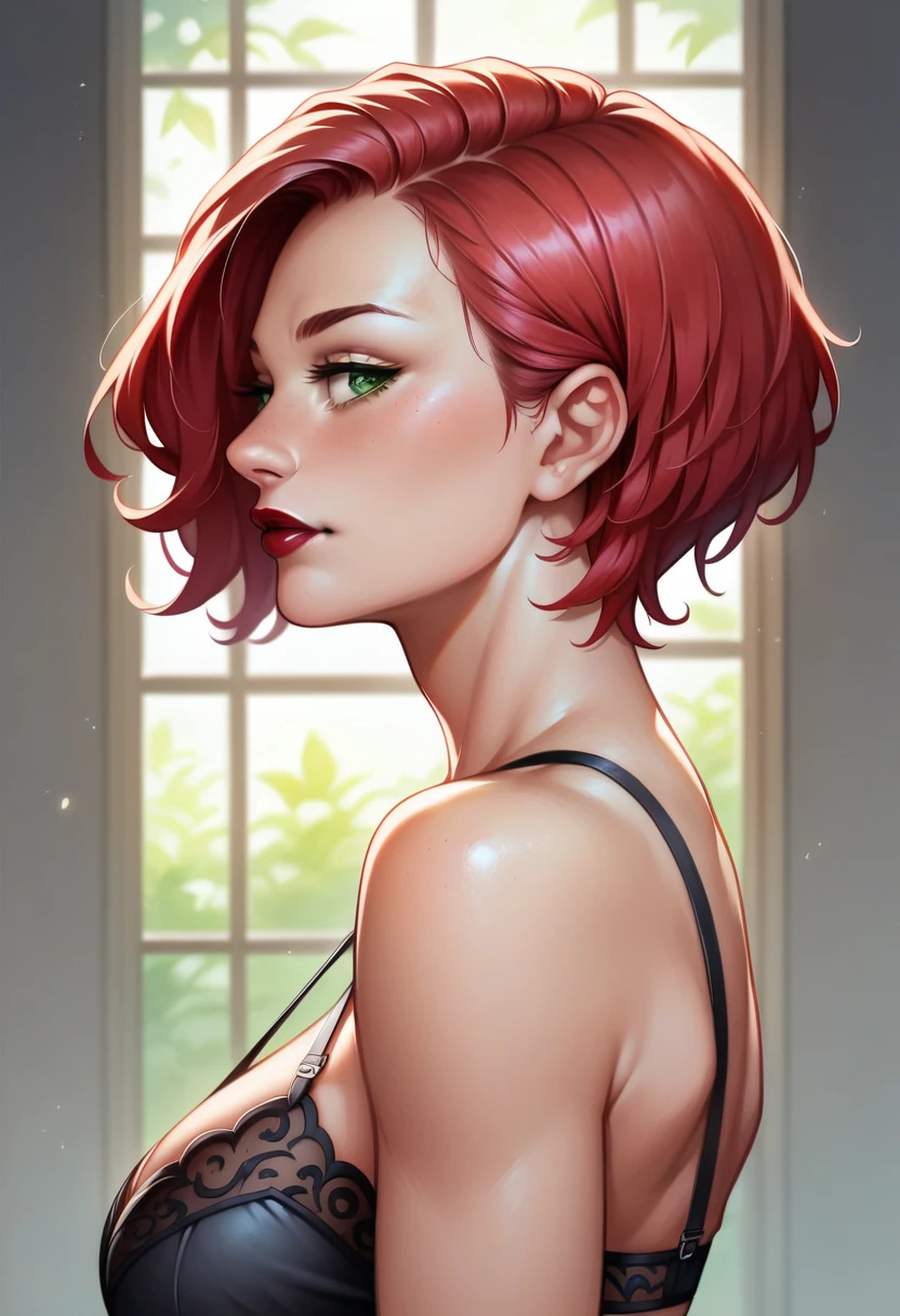 (high-level image quality), (high quality), (high resolution), (detailed), (masterpiece), beautiful woman, ((caucasian)), green eyes, red hair, short hair, dark red lipstick, black top, portrait, sexy lingerie, side view