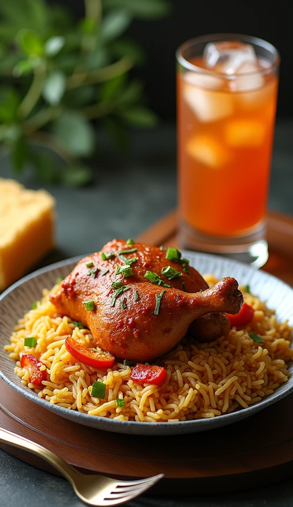 A Pakistani food briyani one plat at piece of roasted chicken with a fork and a sponge and a Glass of cook into ice of multiple pices