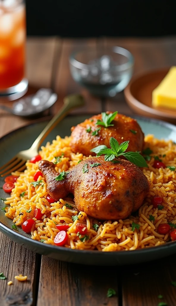 A Pakistani food briyani one plat at piece of roasted chicken with a fork and a sponge and a Glass of cook into ice of multiple pices