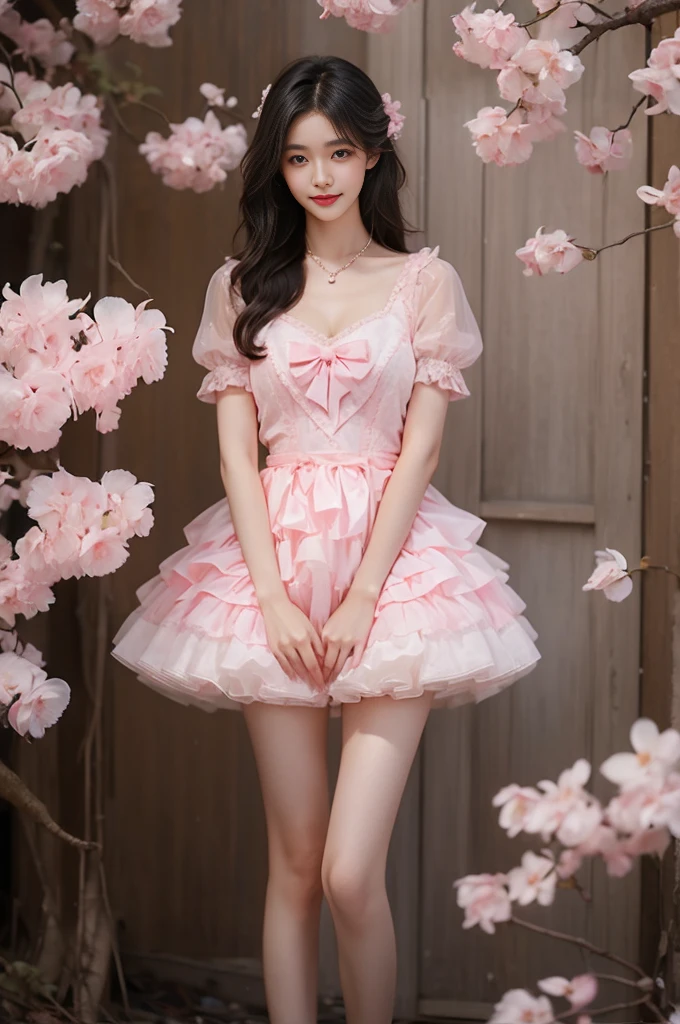 cyb dress, pink dress, frills, see-through short sleeves, wrist cuffs（Quality Improvement：1.4），1 Girl, Full breasts，Visible cleavage，Sexy long legs，The skirt is very short，She gently lifted her skirt with one hand,Surrounded by white Phalaenopsis orchids，Lilac dendrobium、White Lily, Flying petals，（Top quality leather), Delicate face,Black Hair, Gradient hair, Body,（Body1.1）, He has a precious gem on his forehead.., outstanding student，Long eyelashes,Smile, Surrealism, Movie Lighting, Projection Insert, Surrealism, Ultra HD, masterpiece，lie，Keep dreaming，Open your legs slightly.，Tattoo，Fantasy Space，Luxurious space，Exquisite makeup，blush，Shy expression