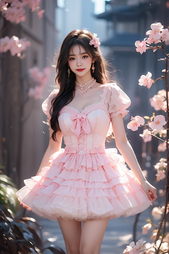 cyb dress, pink dress, frills, see-through short sleeves, wrist cuffs(Quality Improvement:1.4),1 Girl, Full breasts,Visible cleavage,Sexy long legs,The skirt is very short,She gently lifted her skirt with one hand,Surrounded by white Phalaenopsis orchids,Lilac dendrobium、White Lily, Flying petals,(Top quality leather), Delicate face,Black Hair, Gradient hair, Body,(Body1.1), He has a precious gem on his forehead.., outstanding student,Long eyelashes,Smile, Surrealism, Movie Lighting, Projection Insert, Surrealism, Ultra HD, masterpiece,lie,Keep dreaming,Open your legs slightly.,Tattoo,Fantasy Space,Luxurious space,Exquisite makeup,blush,Shy expression