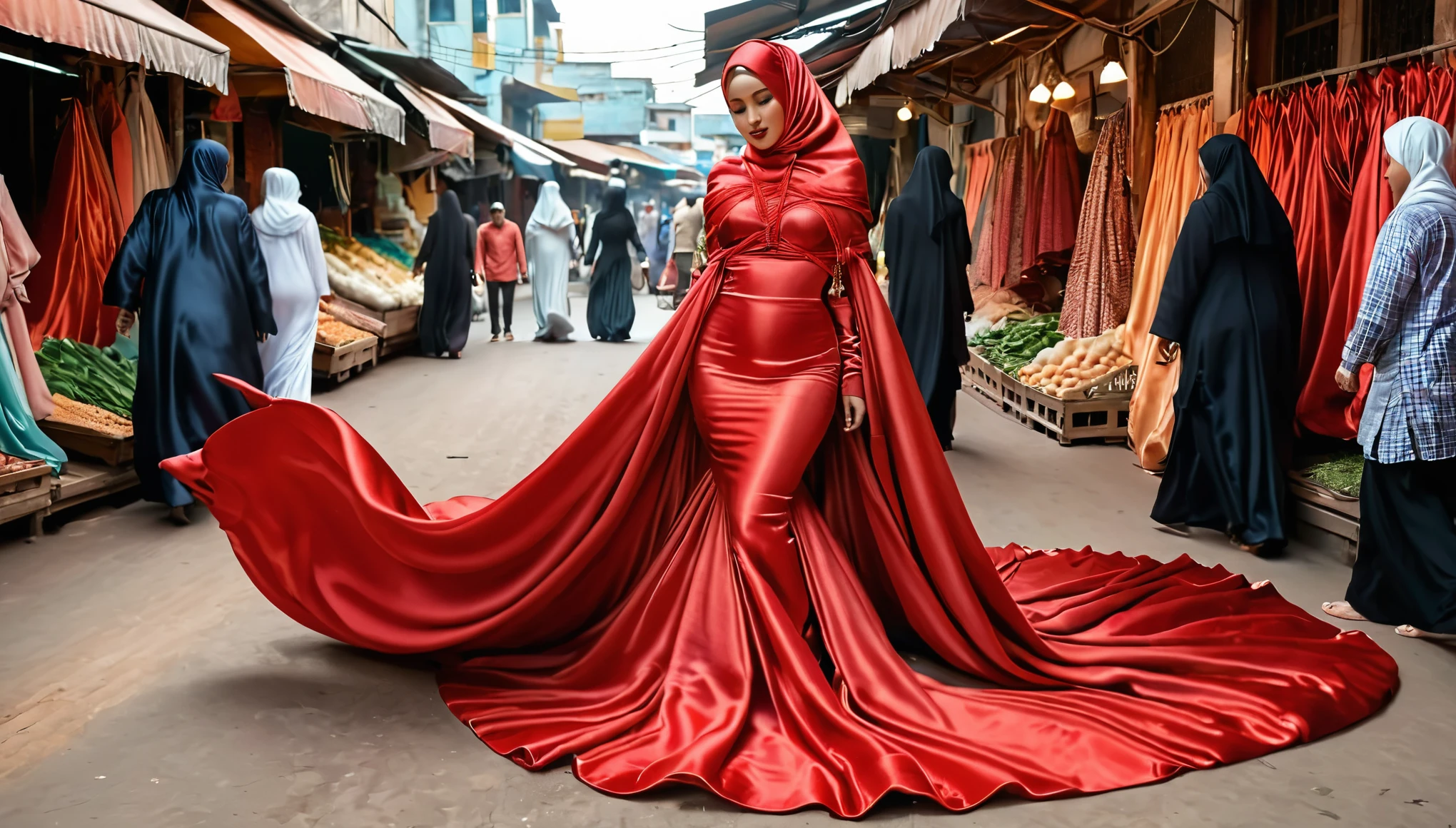 A woman shrouded in a 4-meter-long, plush red satin cloth, tightly bound and grandly draping along the form of her body, flowing off into a pooled floor-length train, styled in a mermaid-inspired outfit, her head modestly veiled in a satin hijab, tall woman, walking in market, a full-body pose posing in front of people, captured in a 4k resolution, ultra-realistic