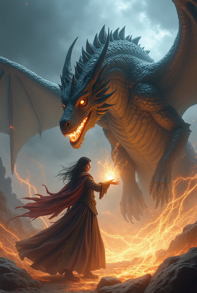 Elara casting a complex spell, magical chains wrapping around the seemingly weakened dragon.