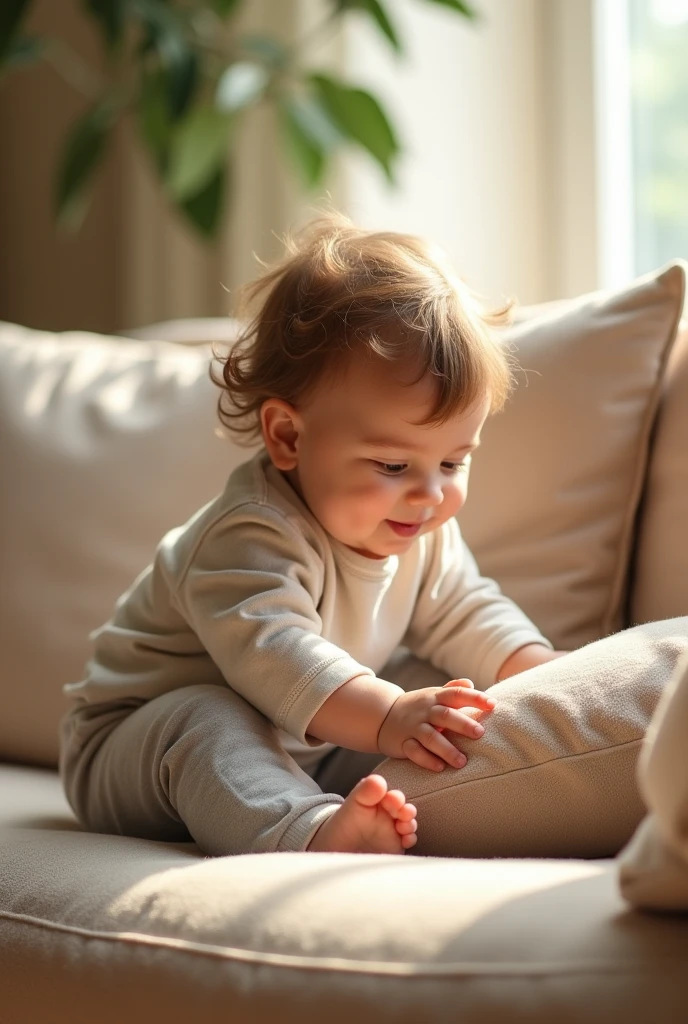 Toddler playing with caton sofa