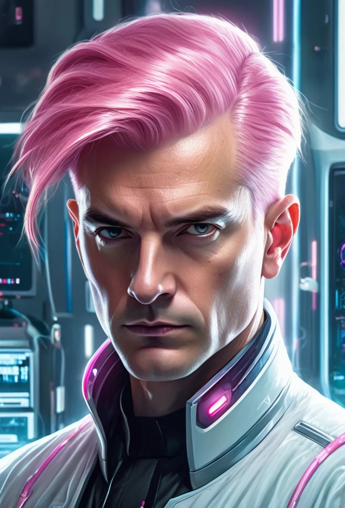 Illustration-style portrait of a white-skinned 30-year-old man, Straight pink hair combed to one side, barba rosads corta. wide shoulders, robust build. Stern look, challenging. He is the director of a hospital in a futuristic science fiction world..