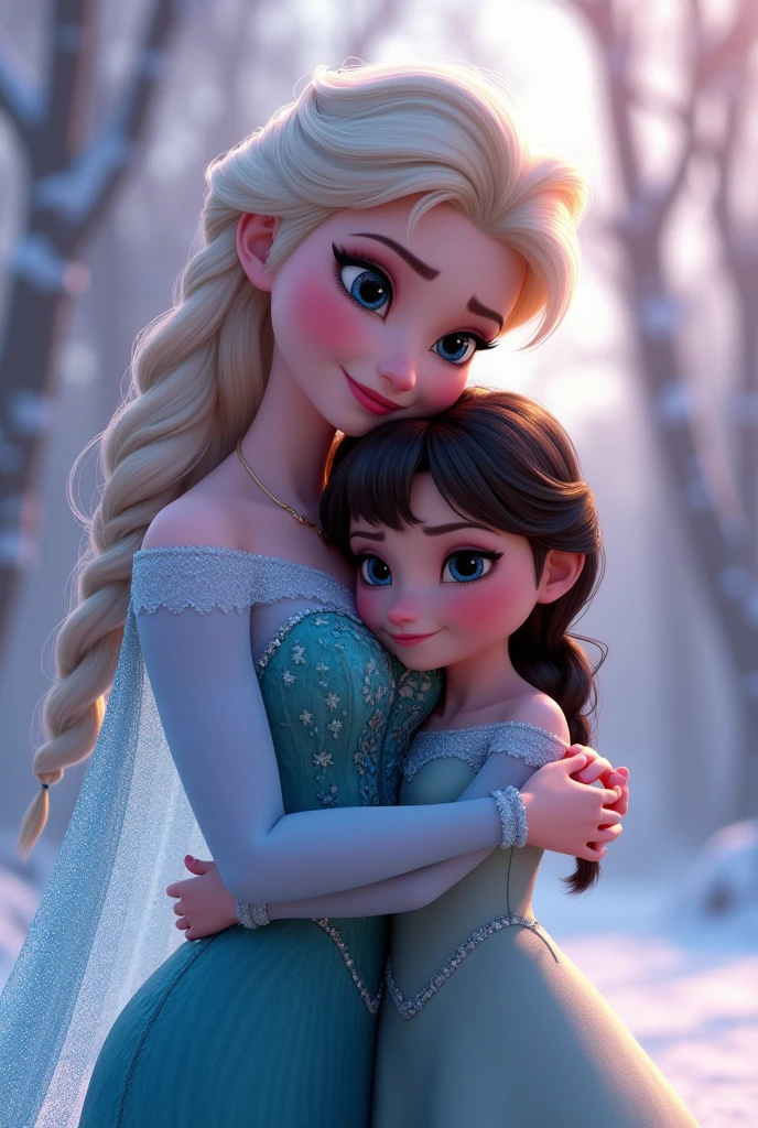 Elsa from Frozen hugging a girl with black hair and that they are at the bottom on the right side and that they leave a space in the center