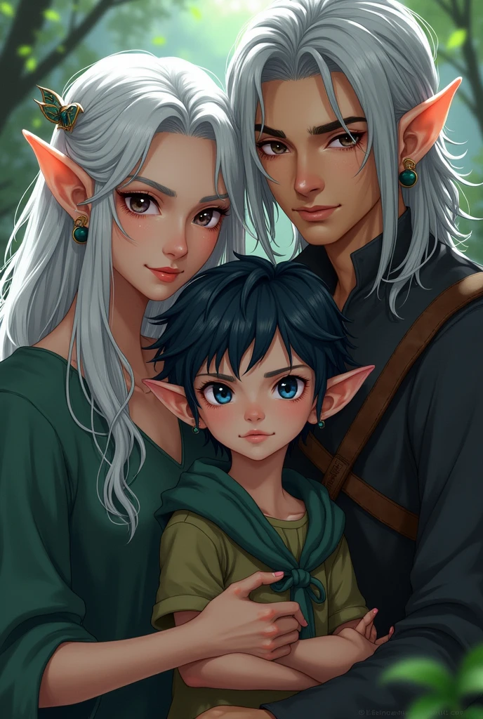 A child with hair as black as the night and eyes as gray as the moon, with your parents, being the father a strong hunter and his mother a musician the image with silver hair and dark eyes. The family all elves Semi realistic style almost anime