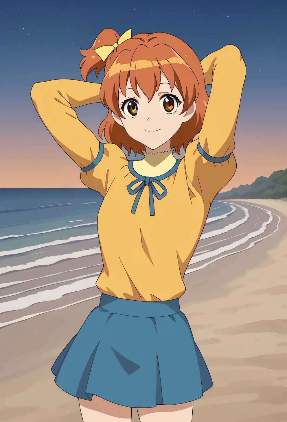yamabuki inori, orange hair, brown eyes, medium hair, one side up, yellow ribbon, hair ribbon, yellow shirt, puffy sleeves, long sleeves, neck ribbon, blue skirt, shiny skin, looking at viewer, high quality, closed mouth, looking at viewer, smile, showing armpit, looking at viewer, solo, (contrapposto), spread armpit, arms behind head, smile, looking at viewer, (cowboy shot:1.5), closed mouth, night sky, beach, best quality,