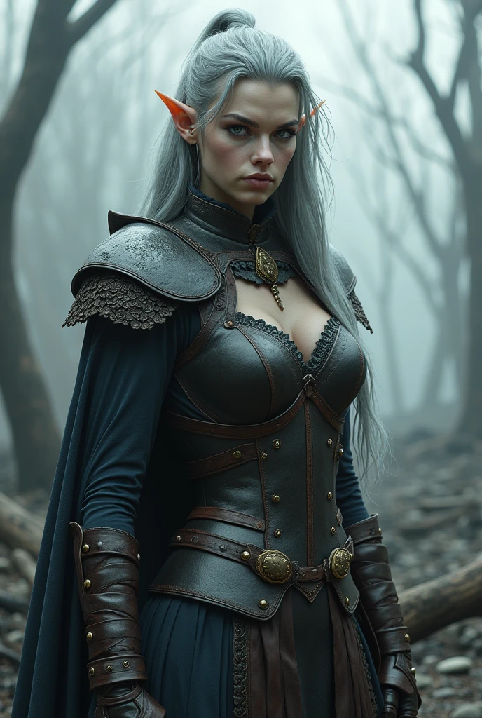 Gray ash female Elf wearing vikings outfit and with big breast