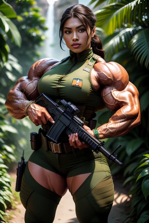 Photorealistic, high resolution, 1 malay woman in wearing a green beret, Solo, Hips up, Battlefield background,view the viewer, (Detailed face), braided hair, wearing a green beret and a special team logo, SWAT vests, Wing airborne logo on the chest, sniper rifle handle, camouflage combat suit, Camoflage military uniform, SWAT Boots, bulletproof vest, Holding an assault rifle, M16, Inside the jungle of Royal Belum, Very detailed, Perfect face, Black eye, jewelry, (full body view), Lifelike, masterpiece, HDR, 4K