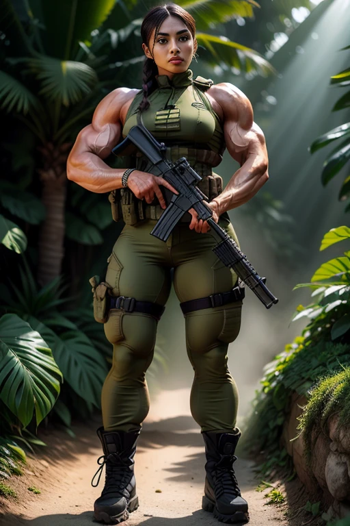 Photorealistic, high resolution, 1 malay woman in wearing a green beret, Solo, Hips up, Battlefield background,view the viewer, (Detailed face), braided hair, wearing a green beret and a special team logo, SWAT vests, Wing airborne logo on the chest, sniper rifle handle, camouflage combat suit, Camoflage military uniform, SWAT Boots, bulletproof vest, Holding an assault rifle, M16, Inside the jungle of Royal Belum, Very detailed, Perfect face, Black eye, jewelry, (full body view), Lifelike, masterpiece, HDR, 4K