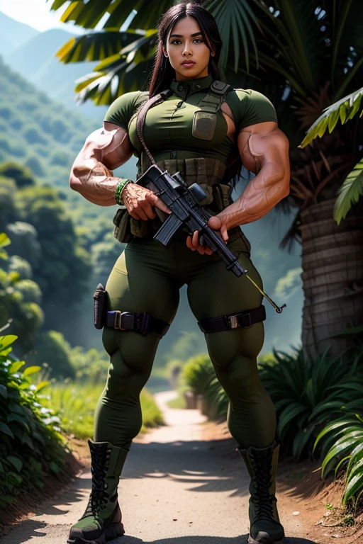 Photorealistic, high resolution, 1 malay woman in wearing a green beret, Solo, Hips up, Battlefield background，view the viewer, (Detailed face), braided hair, wearing a green beret and a special team logo, SWAT vests, Wing airborne logo on the chest, sniper rifle handle, camouflage combat suit, Camoflage military uniform, SWAT Boots, bulletproof vest, Holding an assault rifle, M16, Inside the jungle of Royal Belum, Very detailed, Perfect face, Black eye, jewelry, (full body view), Lifelike, masterpiece, HDR, 4K