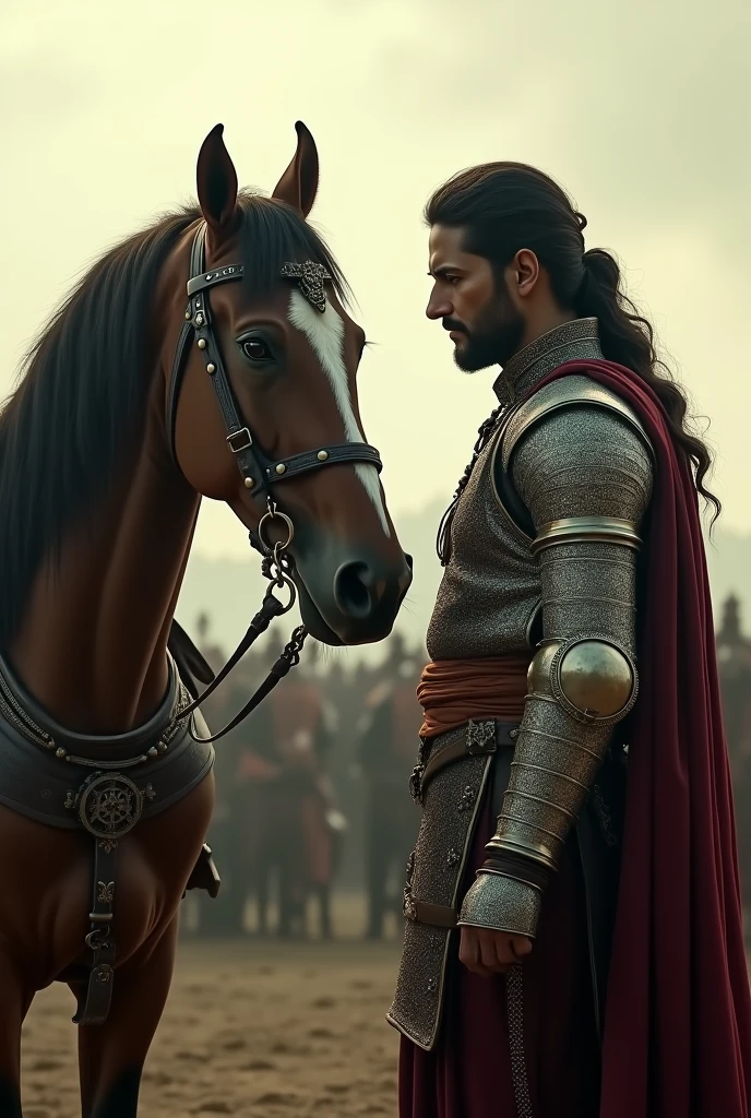 heart-wrenching scene where Maharana Pratap, in full armor, is saying an emotional goodbye to Chetak before a significant battle. The background is a historical battlefield with a misty atmosphere. The expressions of both Maharana Pratap and Chetak convey deep bond and respect."