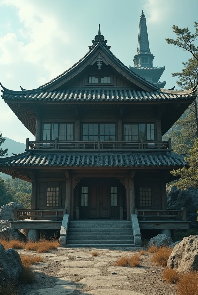 A mysterious Japanese-style mansion、Wide width、It&#39;s a single-story wooden building with an eerie monument visible in the back.、Inspired by old Japanese houses、Creative religious facilities、Horrible atmosphere、辺境の寂しい場Placeにある、A glimpse of unknown technology、It has been several decades since it was built.、The surrounding background is bright during the day, so the area around the building has a creepy atmosphere to contrast with it.、Place々Rough