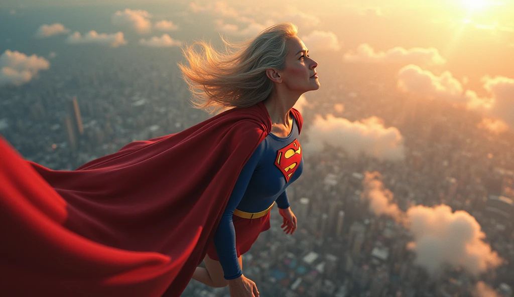 Supergirl Julie Hagerty(((very beautiful old Supergirl (((1984s costume))); Julie Hagerty))) Super old woman Julie Hagerty looking up; looking up, confident, powerful, indestructible, attractive; big and firm chest, very big breasts; floating high above the city, sunlight streaming through the clouds, dramatic pose, cinematic lighting, colorful cityscape below, gritty urban environment, intricate details, hyper-realistic, 8k, cinematic, dramatic, grandiose, superhero, flying, cape flowing, muscular, confident, powerful, determined expression, glowing eyes, lens flare, volumetric lighting, cinematic camera angle, dramatic shadows and highlights, photorealistic, vibrant colors, highly detailed, masterpiece