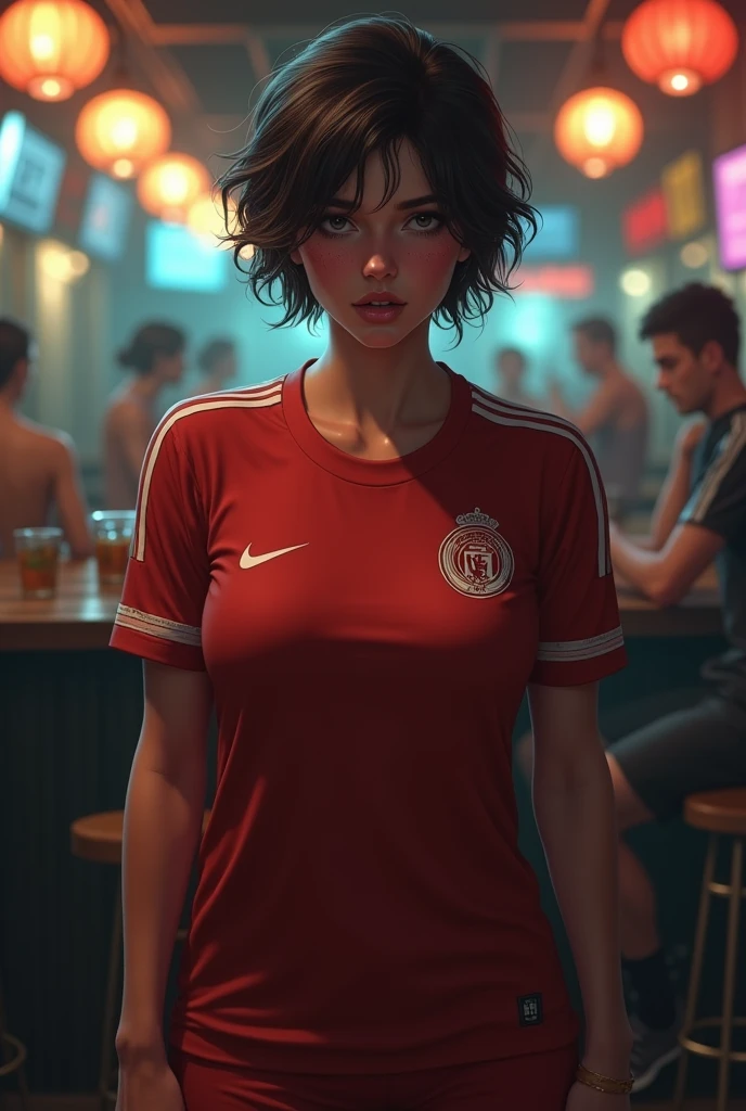 (photorealism:1.2), woman with short hair and big breasts, embarrassed, ashamed, wearing a men's soccer jersey in a bar