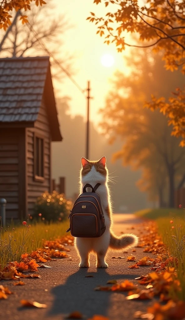 (Highest quality,4K,8k,High resolution,masterpiece:1.2),Super detailed,Sharp focus,(Realist,photoRealist,photo-Realist:1.37), 35mm lens，Multiple Angles，country~ side，Suburban，return，~ side，silhouette，Overhead Shot，Cat，Are standing，doll，Carry a small school returnpack，Tram，Beijing，Autumn season，Wooden house，platform， Cape,Nguyen Gia,last,Atal, (deliCate face), (Are you okay, Fluffy fur)，（35mm cinema lenses），（Multi-angle shooting），（Wide range of angles）