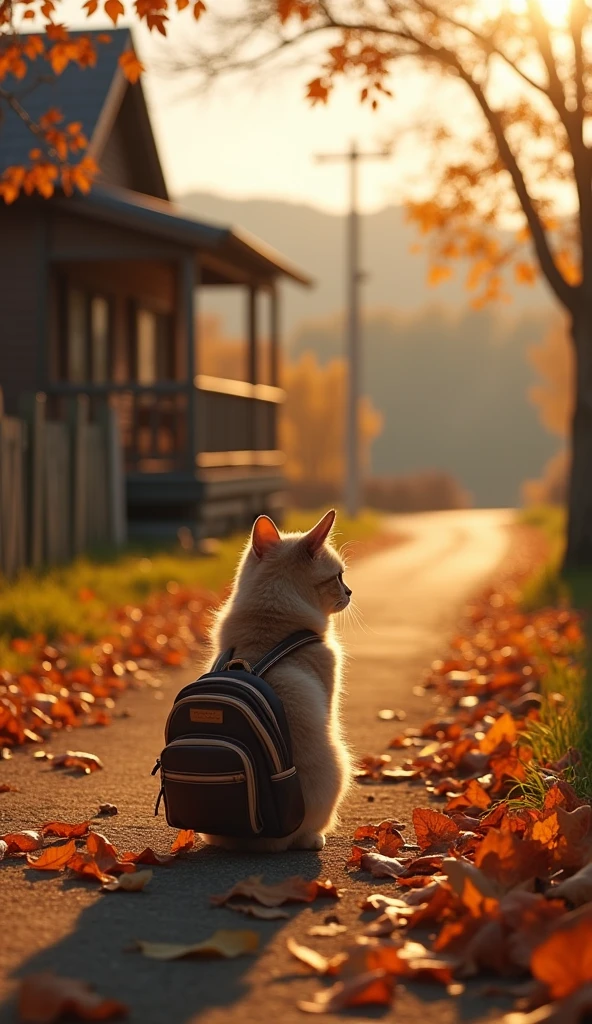 (Highest quality,4K,8k,High resolution,masterpiece:1.2),Super detailed,Sharp focus,(Realist,photoRealist,photo-Realist:1.37), 35mm lens,Multiple Angles,country~ side,Suburban,return,~ side,silhouette,Overhead Shot,Cat,Are standing,doll,Carry a small school returnpack,Tram,Beijing,Autumn season,Wooden house,platform, Cape,Nguyen Gia,last,Atal, (deliCate face), (Are you okay, Fluffy fur),(35mm cinema lenses),(Multi-angle shooting),(Wide range of angles)