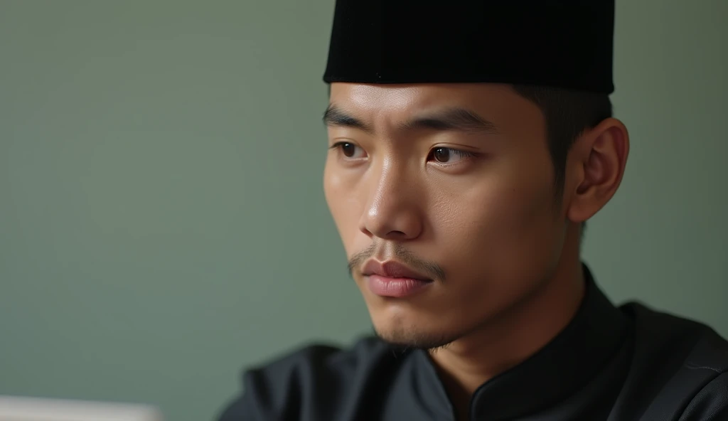 (photorealism:1.2), Close-up image of a Muslim male millennial&#39;s face, wearing a traditional black cap typical of Indonesia, who looked serious and listened attentively, as if receiving advice. 
At the right end of the frame,The background can be a soft solid color.,paper roll icon) in the corner of the thumbnail