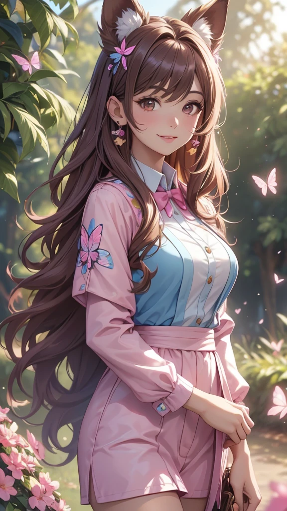 (best quality,4k,8k,highres,masterpiece:1.2),ultra-detailed,(realistic,photorealistic,photo-realistic:1.37),acrylic painting,beautiful Brazilian model in a uniform outfit with downy hair,beautiful Brazilian model with extremely colorful brown hair and detailed facial features,beautiful Brazilian model standing in a beautiful garden sakura flowers, long hair,cat ears, hair bows, uniform pink and blue outfits, smile, happy face,light  brown  hair,butterflies, brown eyes,  mature woman, older woman, 30 year old, adult woman. Older lady