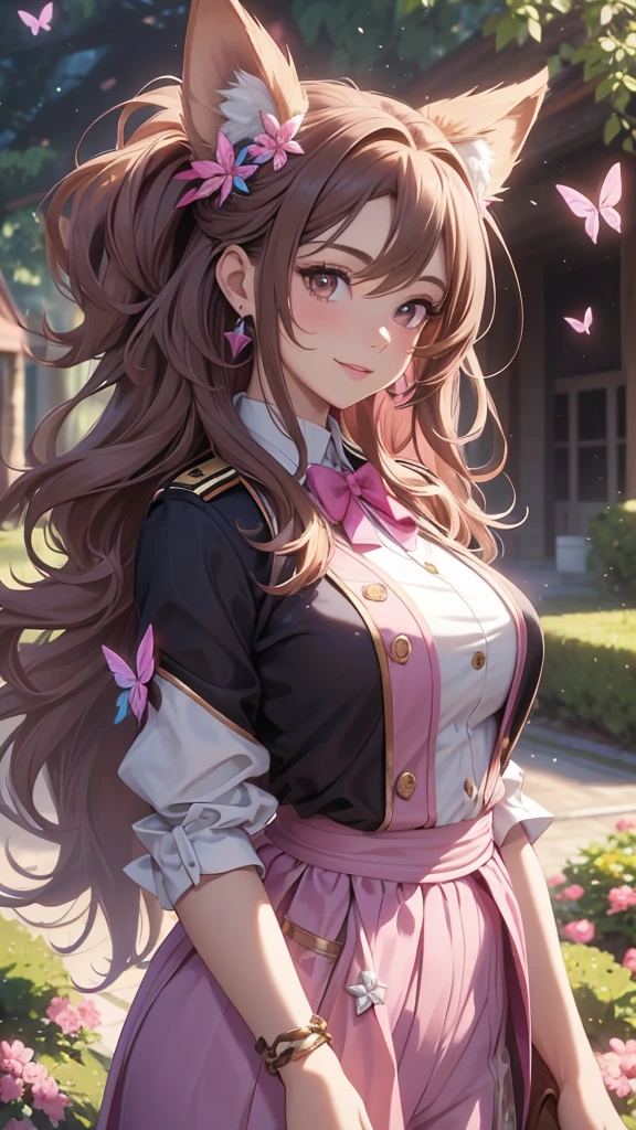 (best quality,4k,8k,highres,masterpiece:1.2),ultra-detailed,(realistic,photorealistic,photo-realistic:1.37),acrylic painting,beautiful Brazilian model in a uniform outfit with downy hair,beautiful Brazilian model with extremely colorful brown hair and detailed facial features,beautiful Brazilian model standing in a beautiful garden sakura flowers, long hair,cat ears, hair bows, uniform pink and blue outfits, smile, happy face,light  brown  hair,butterflies, brown eyes,  mature woman, older woman, 30 year old, adult woman. Older lady