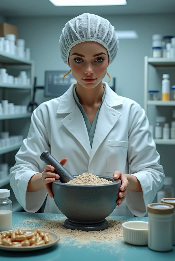 Prescription page and some compounding medicine mortar and pestle some powder. A pharmacist covering her head standing by side