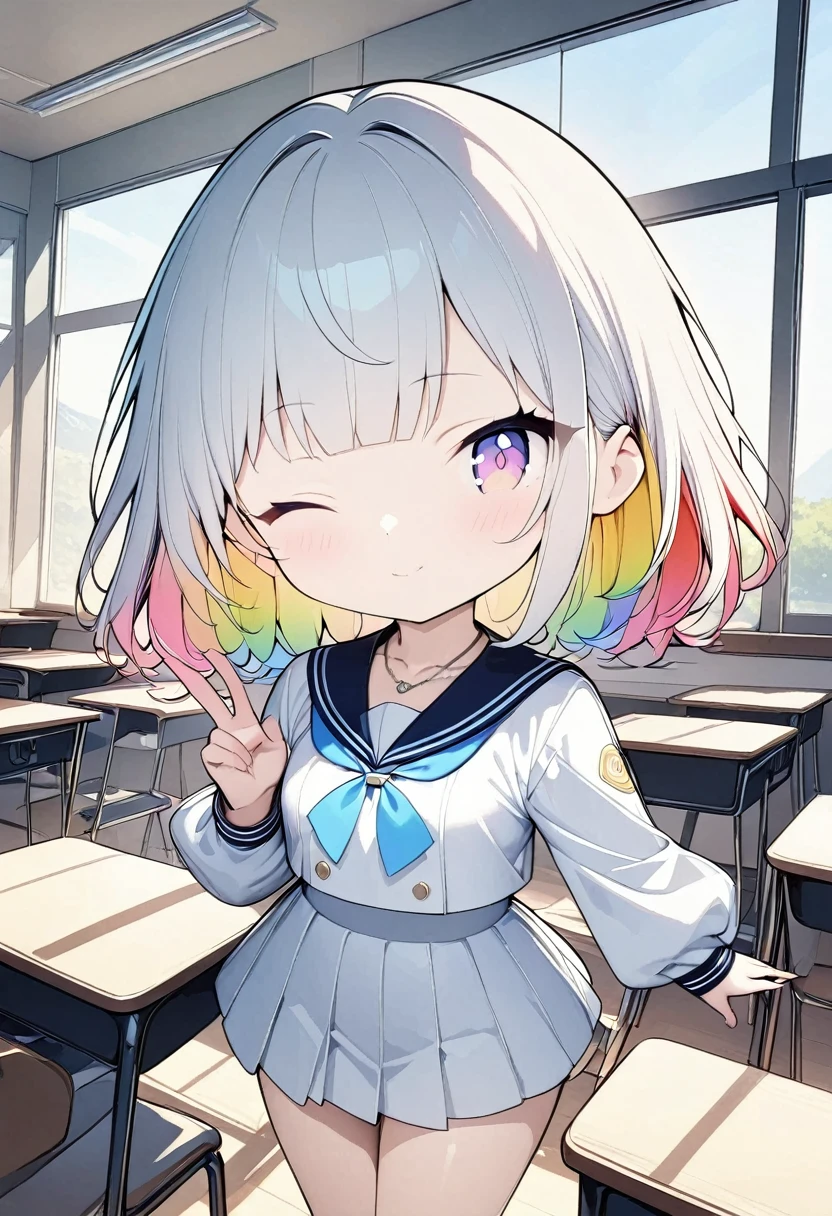 (((anime))) A woman winking peace sign,chibi,Short Hair,Messy short bob,(Rainbow Hair),Oblique bangs,One eye is hidden,Blushing,necklace,Rainbow Eyes,Big eyes Sailor suit,Volume sleeve,classroom,sunlight,masterpiece,Highest quality,Exquisite,8k,Absurd,Ultra-fine illustrations,(View your audience)