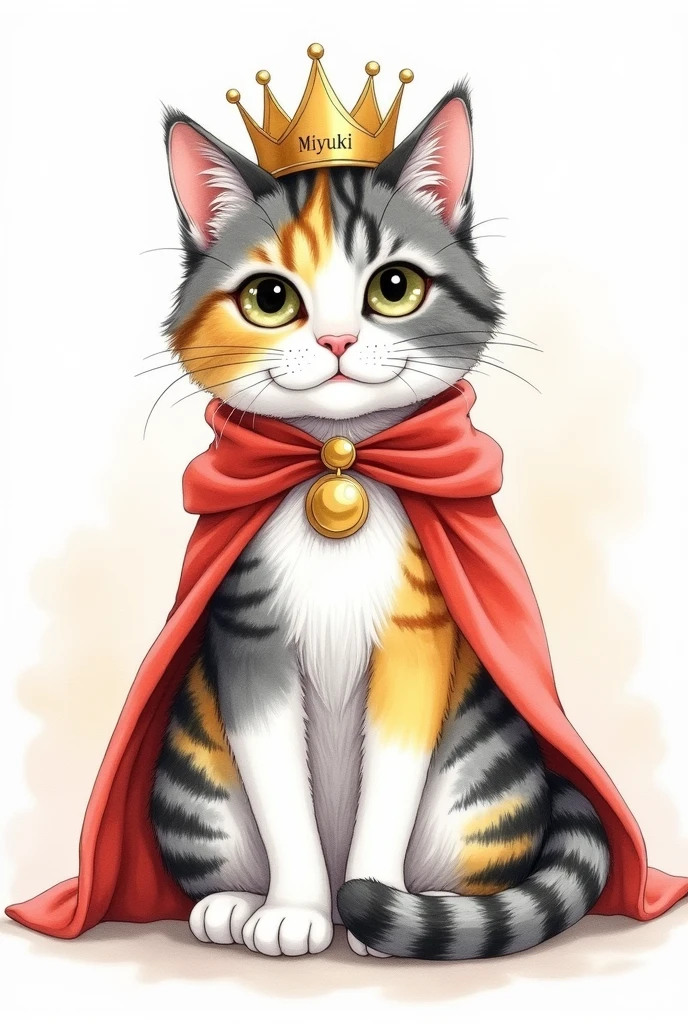 Watercolor painting of a tricolor striped cat in white, gray, yellow and black colors dressed as a queen, With a crown and a red cape, the cat has a round spot in front of her neck, striped gray and black, near her collar, she has one paw stained gray and yellow and the other is white, and she is facing forward with a gold collar that says "miyuki"