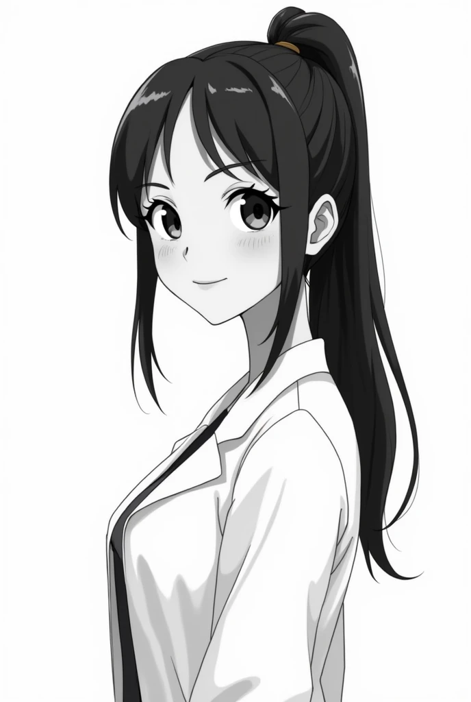 A brunette girl with long straight hair all tied up, Latin features, a little chubby, not much, and wearing a lab coat, smiling and in black and white, asking a question. Anime version