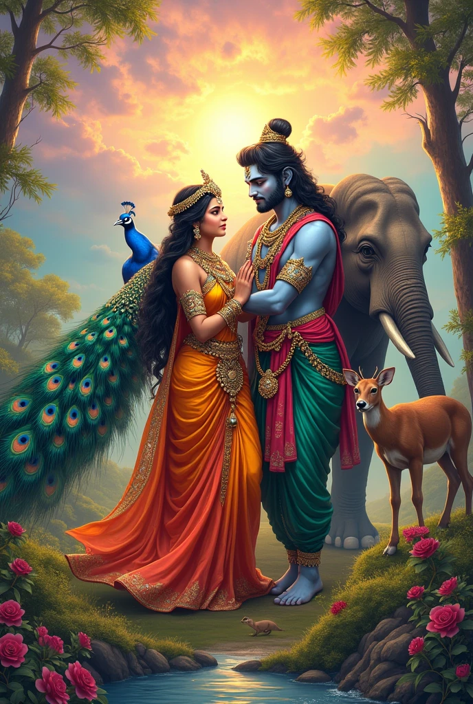 Create radhakrishNa images bright vivid colors peacock and elephant all animals