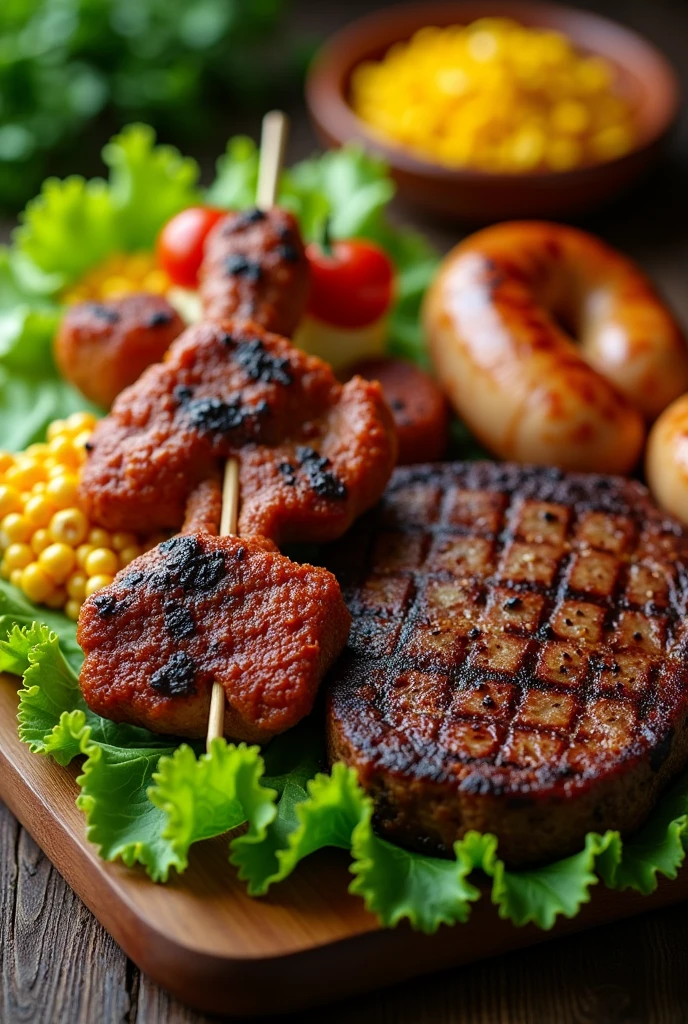 anticucho stick, Beef steak, German smoked sausage, lechuuga, corn, table