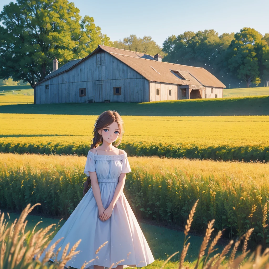 1 Girl, 20 years old, Tall，Glamorous, Wear a cute country dress, Hair braiding, Standing in a rustic farm setting. She has a soft, gentle smile and expressive eyes. Charming barn in the background, Golden wheat fields and clear blue sky. The composition should be bathed in warm golden hour light, Gentle depth of field and soft bokeh highlight the idyllic tranquility. Capture images，Just like shooting with old 35mm film，Add charm, Movie,