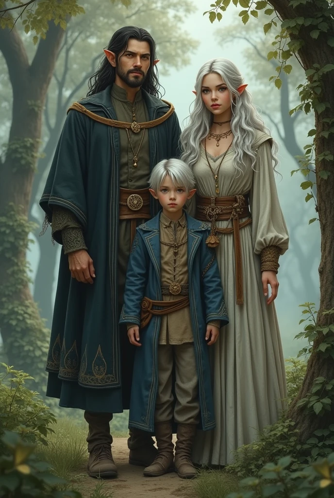 A child with hair as black as the night and eyes as gray as the moon, with your parents, the father being a strong hunter and his mother a musician, and her sister with silver hair and dark eyes. The family all elves Semi realistic style almost anime