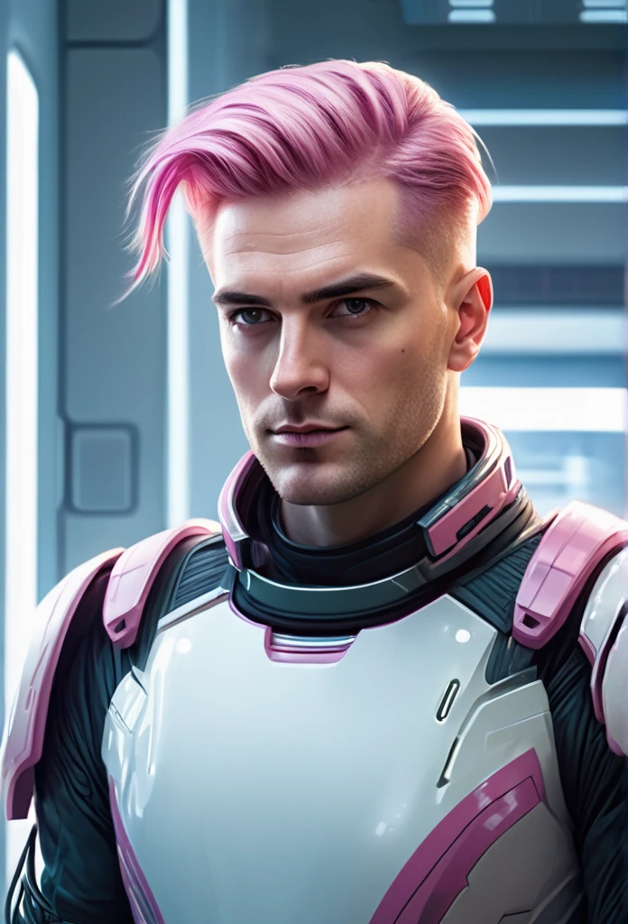 Illustration-style portrait of a white-skinned 30-year-old man, Straight pink hair combed to one side, barba rosads corta. wide shoulders, robust build. Stern look, challenging. He is the director of a hospital in a futuristic science fiction world..