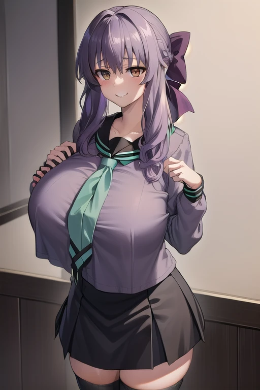 masterpiece, best quality, ultra-high-detailed,  1girl, ((Shinoa Hiiragi, purple hair, braided hair, purple ribbon, grey serafuku, green necktie, black kneehighs, black skirt, tits tent, overhang)), ((aashinoa, hair bow, serafuku, sailor collar, green neckerchief, grey shirt, long sleeves, black skirt)), (cowboy shot), (huge breast:1.5), smile