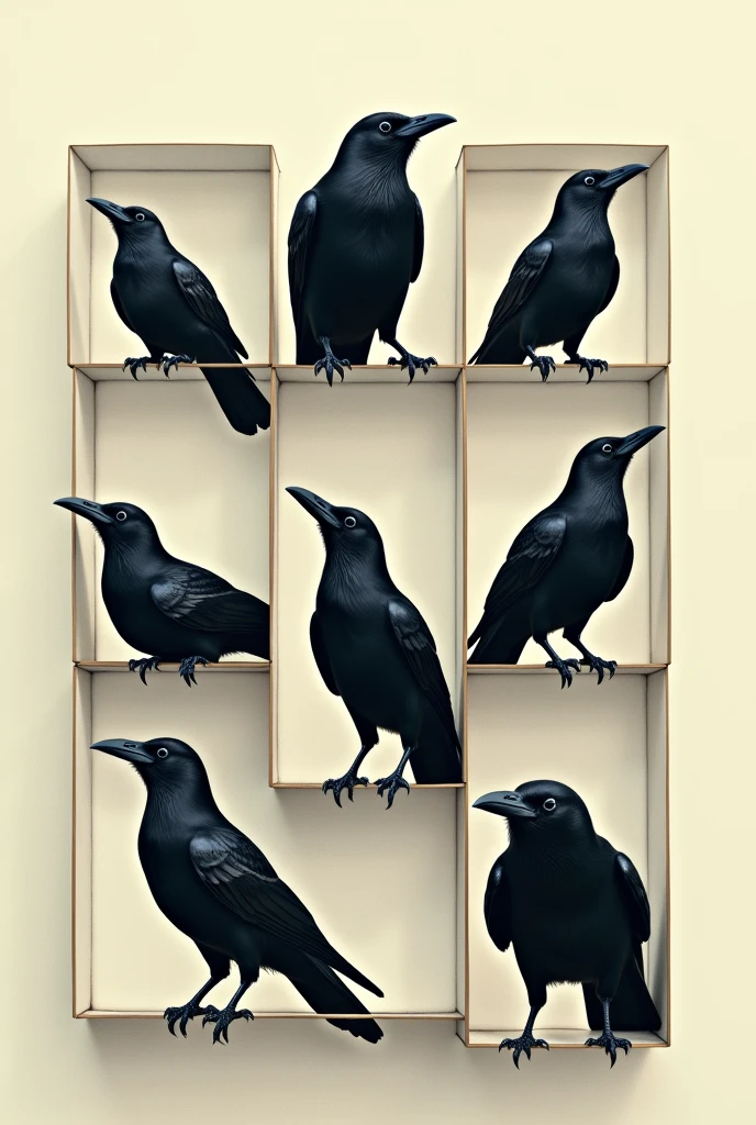 Create an image where there are seven boxes and in each box you put a crow which will be in front, in the middle, fence, below above inside behind each of the boxes 