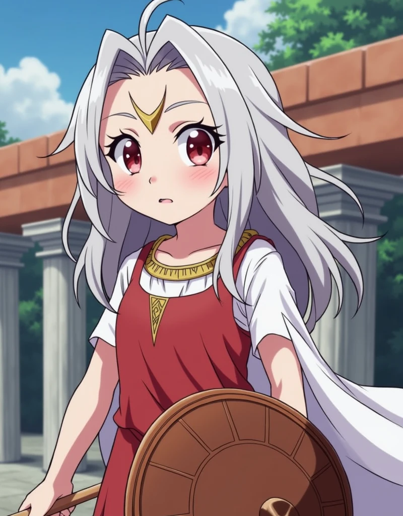"Eri from My Hero Academia, a young girl with long, flowing white hair and large, innocent red eyes. She has a small horn protruding from the right side of her forehead. Eri is depicted wearing an ancient Greek outfit, either as a graceful Greek maiden or as a fierce Amazonian warrior like Penthesilea. In the Greek maiden version, she is dressed in a flowing white chiton, with delicate gold accents and sandals, standing gracefully with a serene expression. In the Amazonian warrior version, Eri wears a fitted leather armor, a short skirt, and arm guards, holding a spear and shield with a determined look, ready for battle. The background could be a mythical Greek landscape, with marble columns or a forest, adding to the ancient atmosphere."