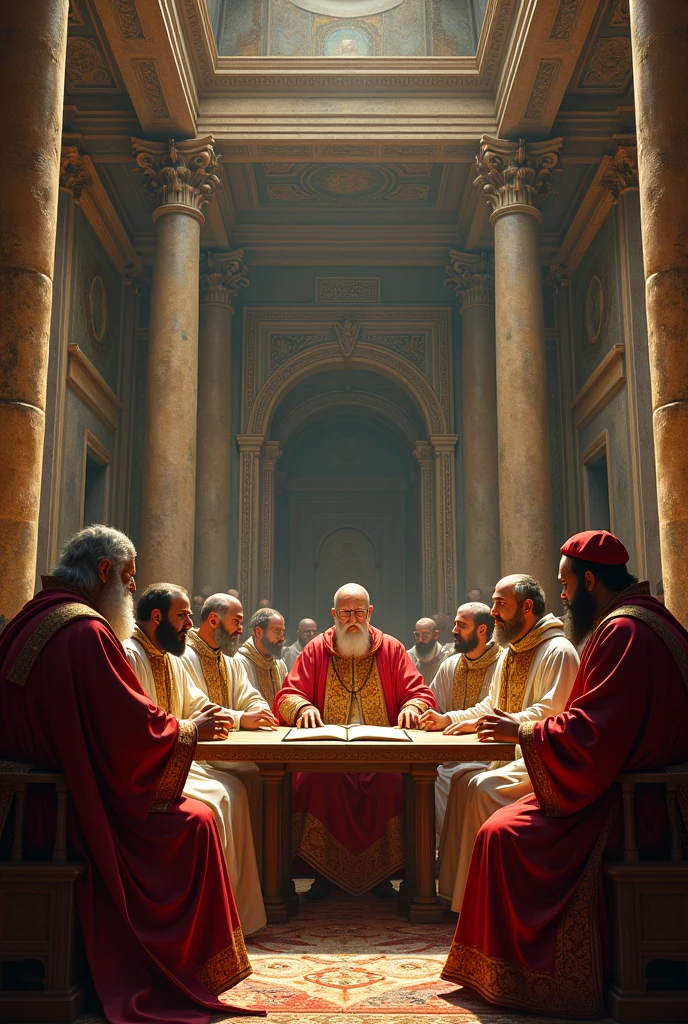 Image of the meeting of bishops at the Council of Nicaea inside the temple.