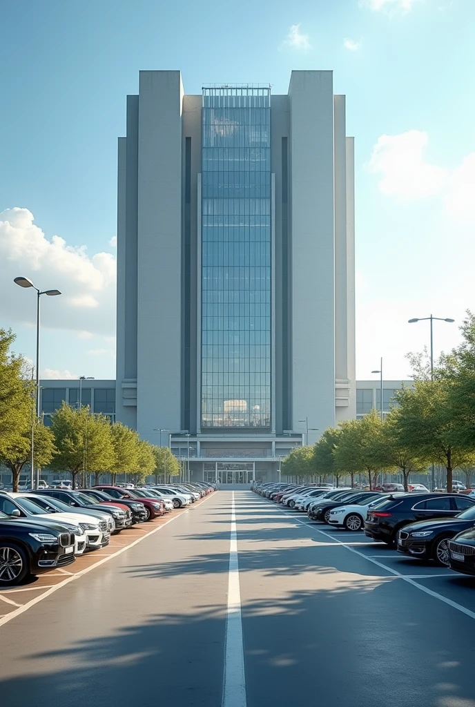 A HUGE HYPERMARKET WITH PARKING IN FRONT WITH SEVERAL PARKED CARS