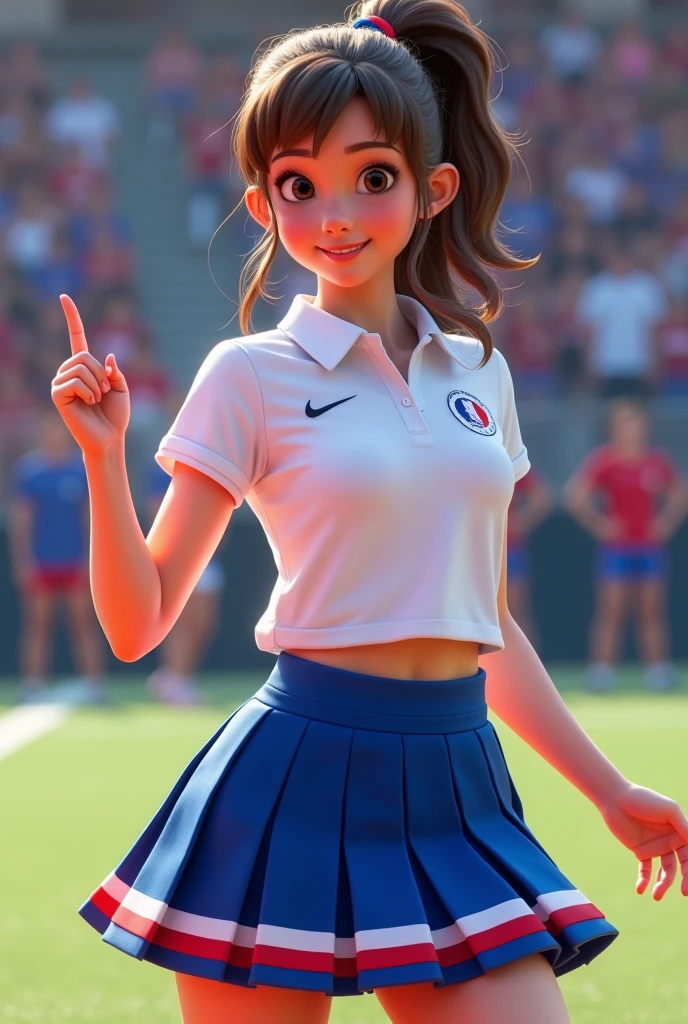 Make a cheerleader girl dressed in the France team that was worn in 2021, You must wear a white polo shirt and the pleated skirt must have 6 white stripes on the inner stripes and blue on the outer stripes and on the bottom of my skirt must have two red stripes