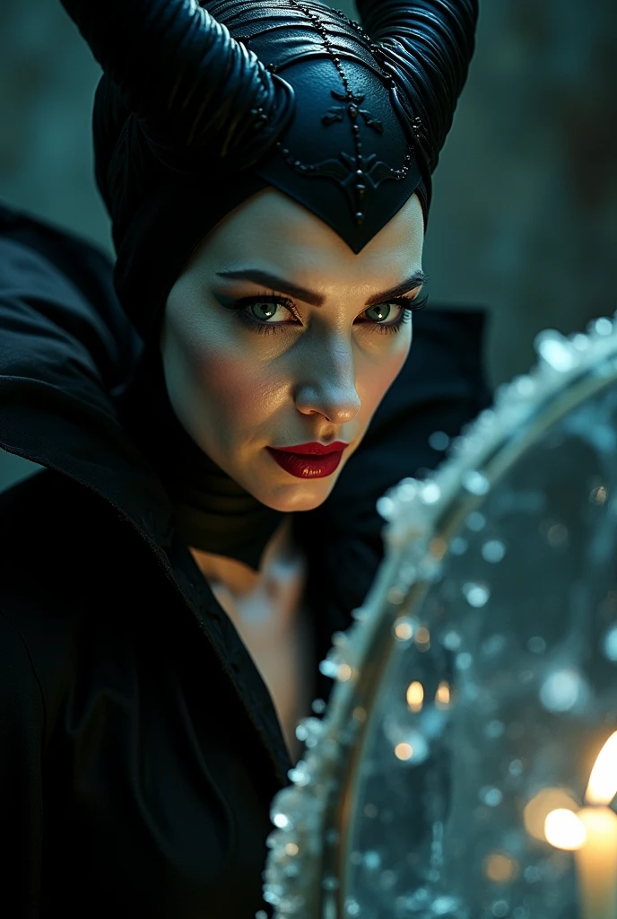 generate a close-up of a woman wearing black attire just like in Maleficent character looking to a mirror hanging on the wall and its churning like a water, dark background, candle light. the image was taken from your front, fantasy, highly-detailed, ultra-sharp, realistic.
