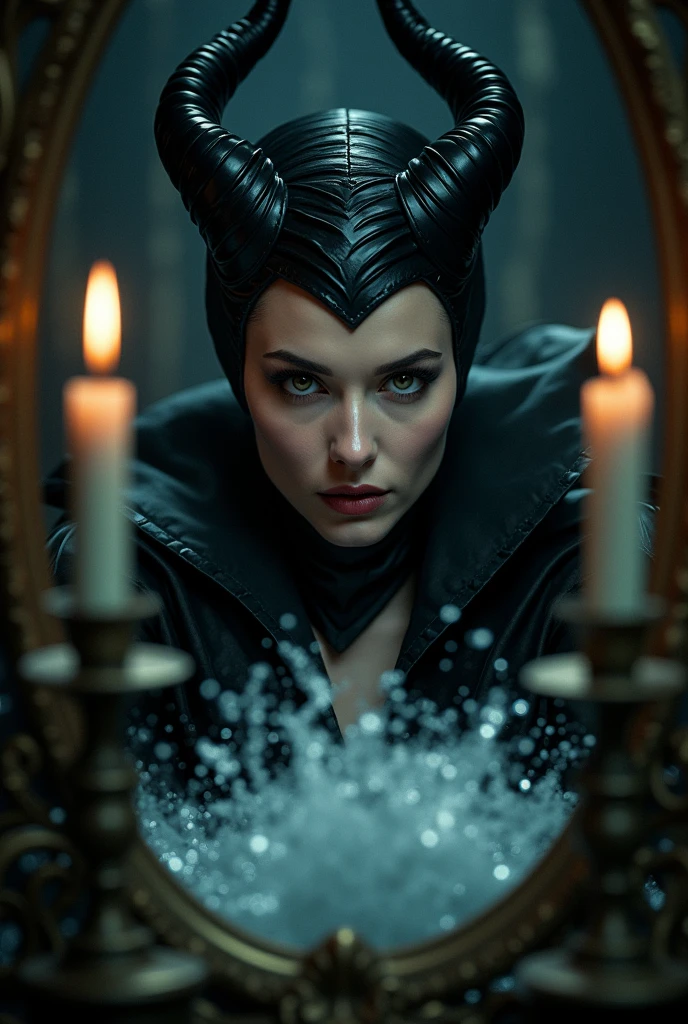 generate a close-up of a woman wearing black attire just like in Maleficent character looking to a mirror hanging on the wall and its churning like a water, dark background, candle light. the image was taken from your front, fantasy, highly-detailed, ultra-sharp, realistic. 