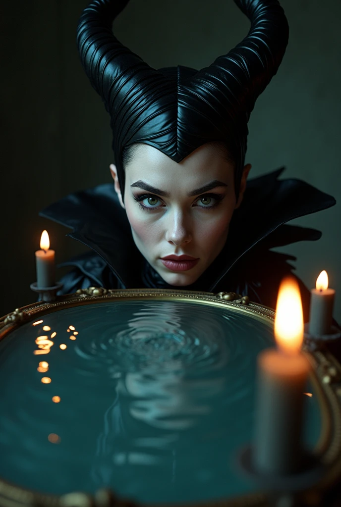 generate a close-up of a woman wearing black attire just like in Maleficent character looking to a mirror hanging on the wall and its churning like a water, dark background, candle light. the image was taken from your front, fantasy, highly-detailed, ultra-sharp, realistic. 