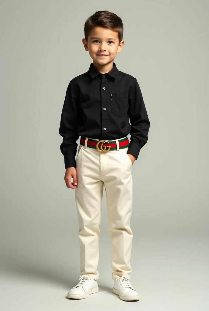 Boy with black Button shirt cream pant and white shoe with Gucci green and red color belt