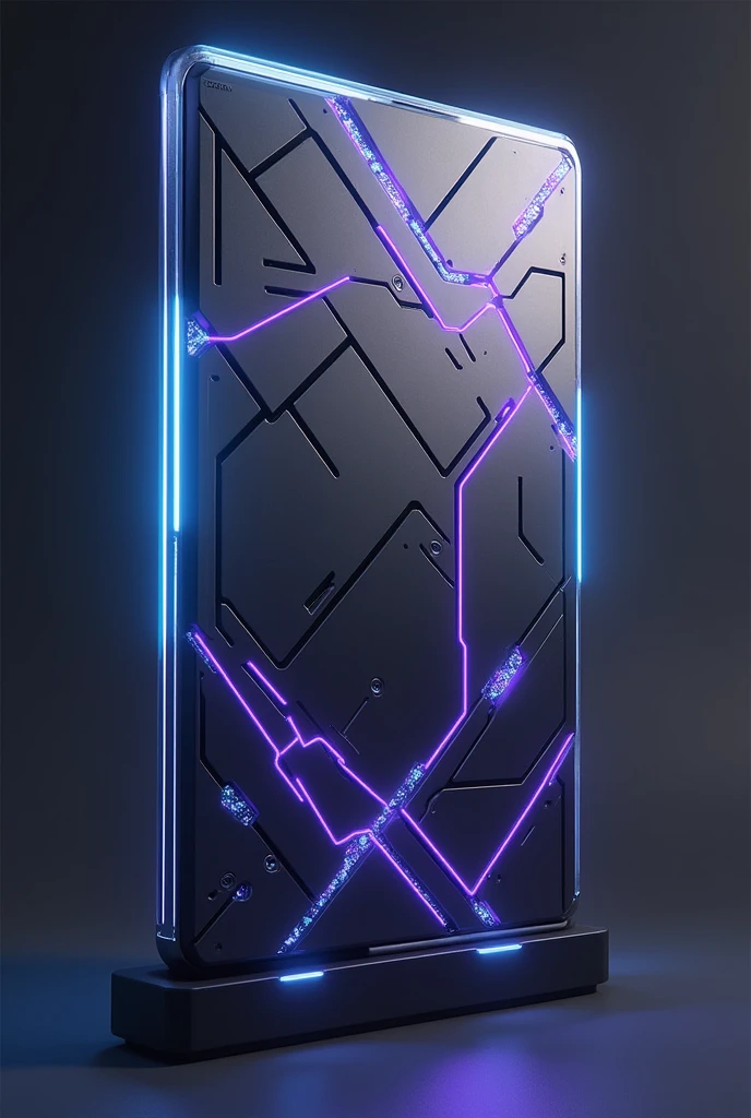 A gloo wall skin for free fire with these features Futuristic Theme:bottom: Metallic with dark grey finishes.Elements: LED lights in blue and purple, and circuit lines that appear to be illuminated.Details: Glitter and sparkle effects on lights.